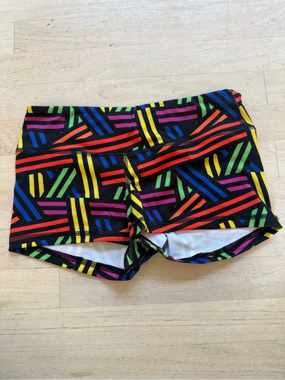 Fleo Black Athletic Shorts with Multicolor Geometric Stripes